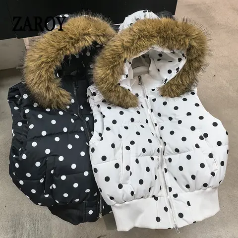ZAROY Fur Collar Hooded Women Vests Jackets Y2k Harajuku Polka Dot Waistcoat Coat Casual Zipper Gothic Sleeveless Cotton Parkas