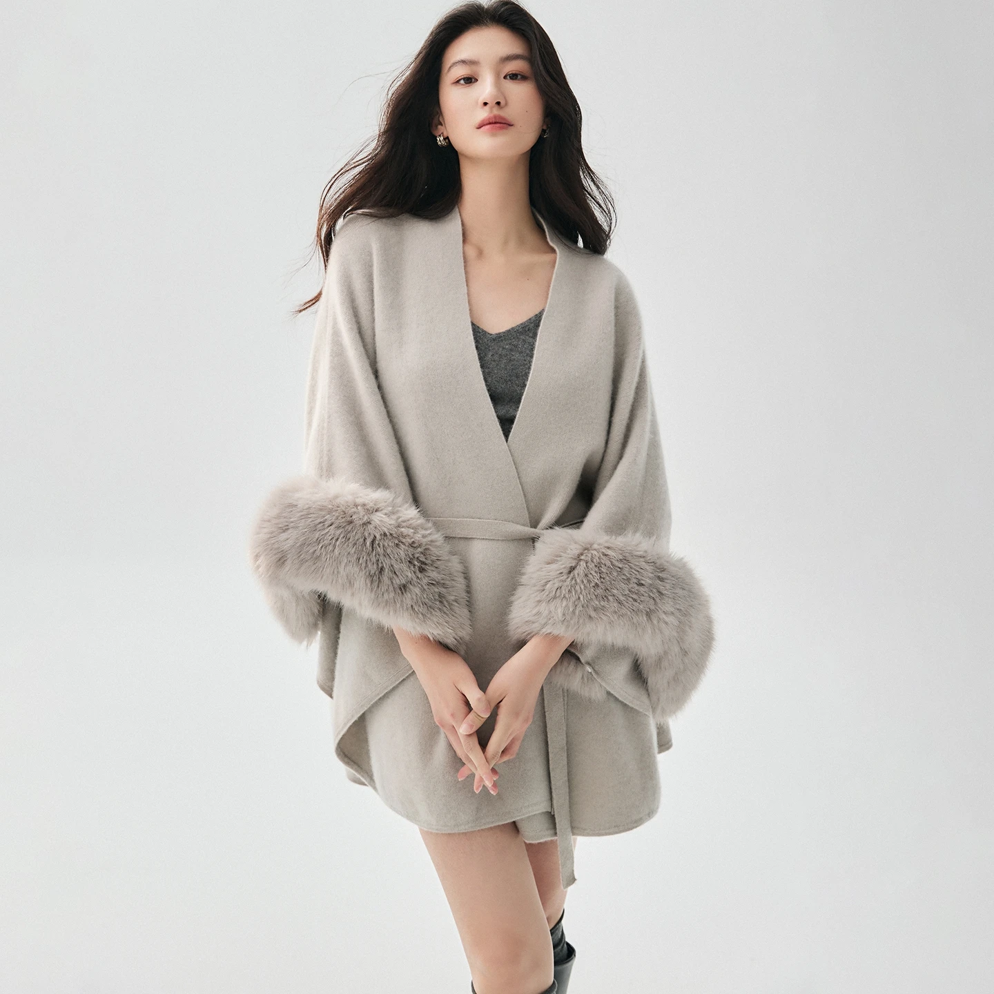 Nobility Women Coat Autumn Winter Poncho Cardigan 100% Cashmere Sweater Shawl Knit Luxury Drawstring Long Robe Fur Collar Cuffs