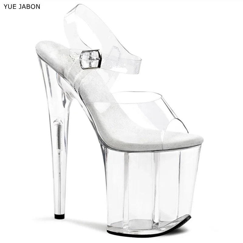 

Sexy Women's Crystal Clear High Heel Sandals 20CM Ultra Thin Stiletto | Transparent T-Strap Buckle Stage Performance Party Shoes