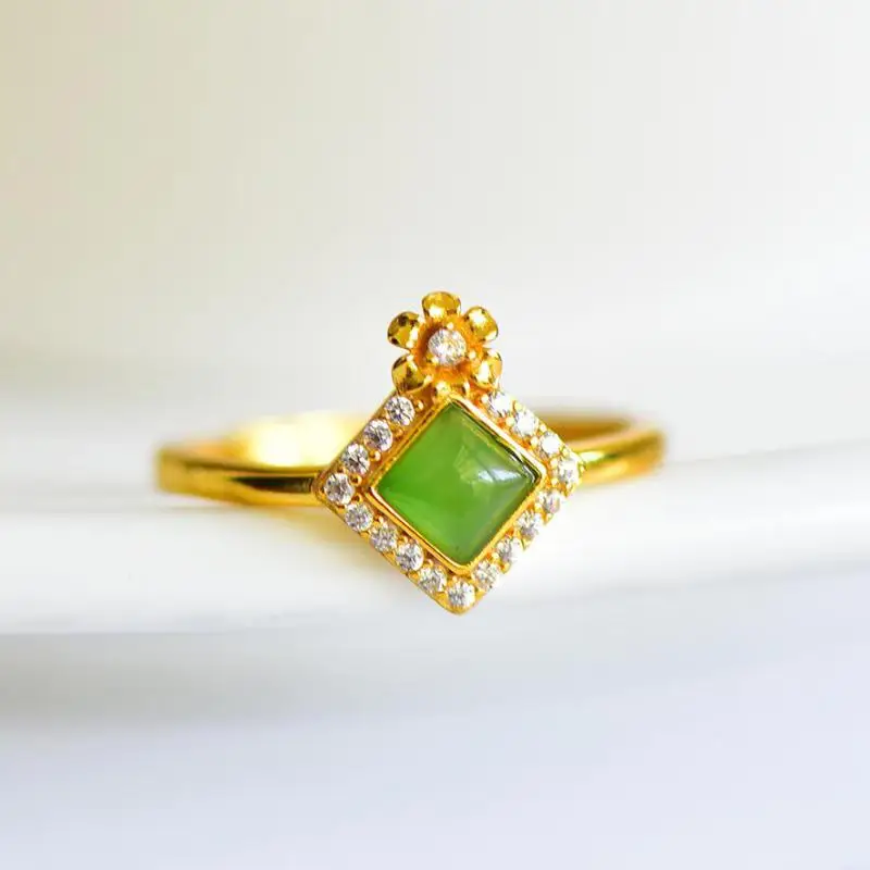 Genuine China Nephrite Stone Green Hetian Jade 925 Silver Zircon Flower Square Ring Women Certified Jewelry Girlfriend Mom Gifts