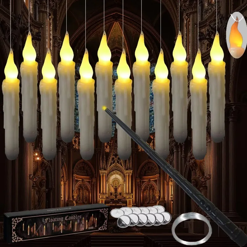 Floating LED Candles with Magic Wand Remote Control Flameless Remote Taper Electronic Candle Christmas Party Decor Candle Lights