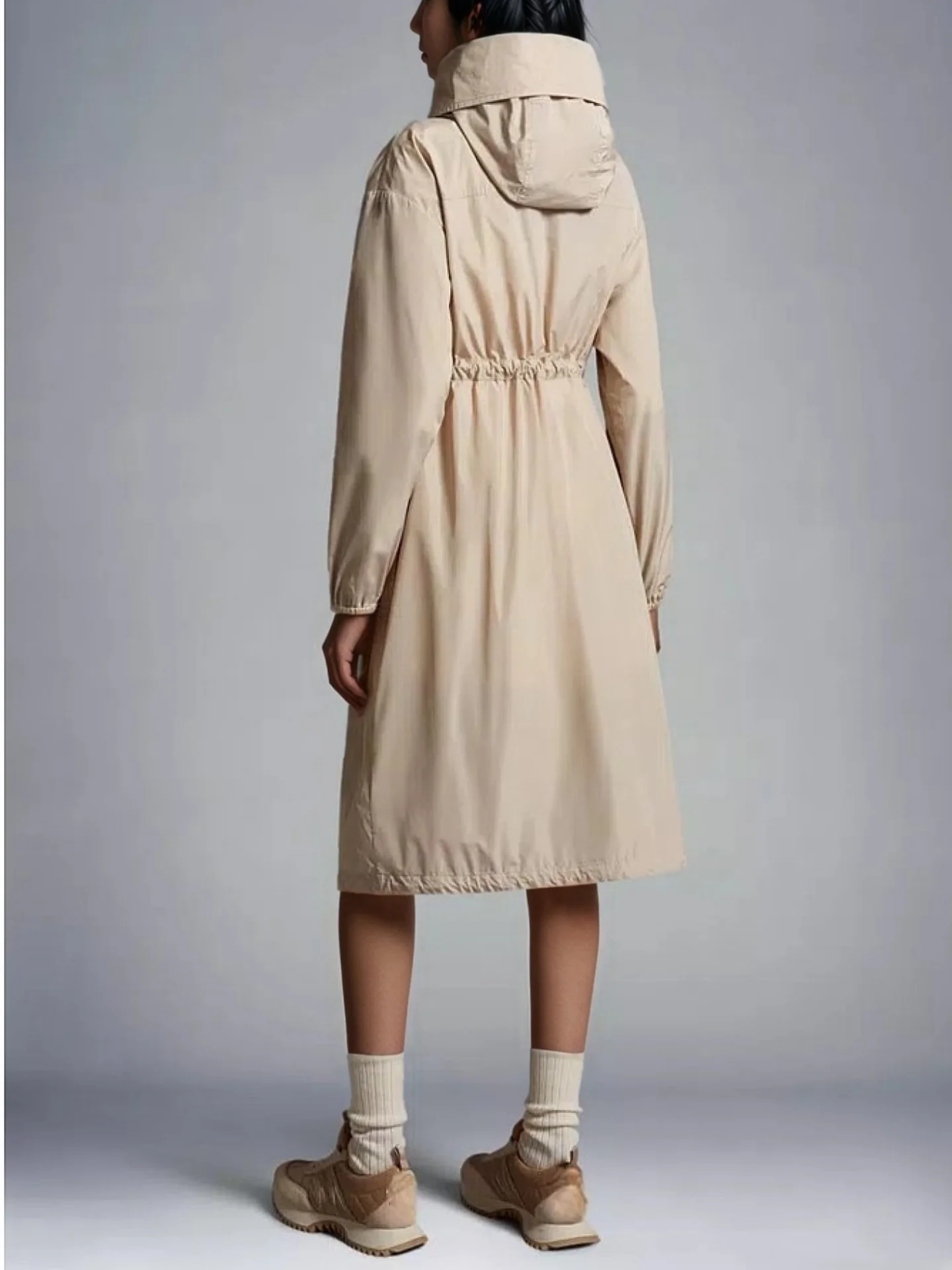 Casual Versatile Hooded Spring Jacket Loose Waist Drawstring Cotton Multi Pocket Long over Knee Windbreaker Women