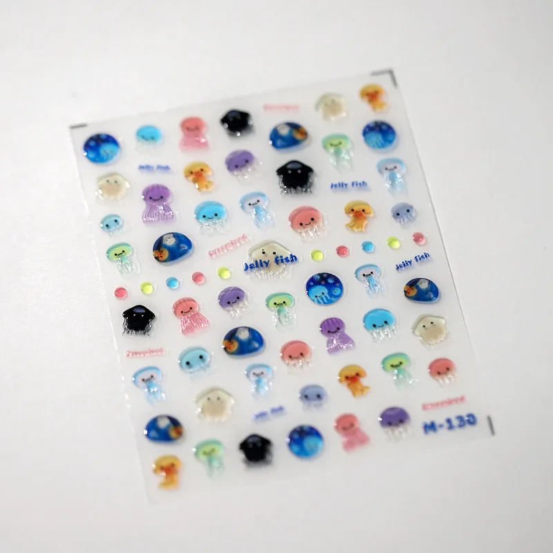 Cute Cartoon Jellyfish Jelly Design 5D Soft Embossed Reliefs Self Adhesive Nail Art Sticker Stars Love Heart 3D Manicure Decals