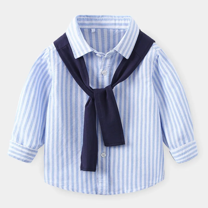 Spring Autumn Simple Casual Boys\' Long Sleeve Striped Shirt, Comfortable Cotton Kids with Shawl Top, 2 Colors, for Ages 3-8