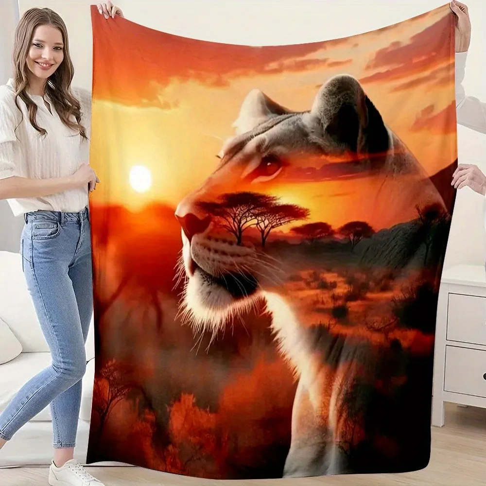 بطانية فلانيل ثقيلة الوزن 280 جرامًا للمتر المربع - رمي مطبوع عليه أسد السافانا الأفريقي والفهد، مفرش سرير مزدوج الجوانب لجميع المواسم، آلة ناعمة #1