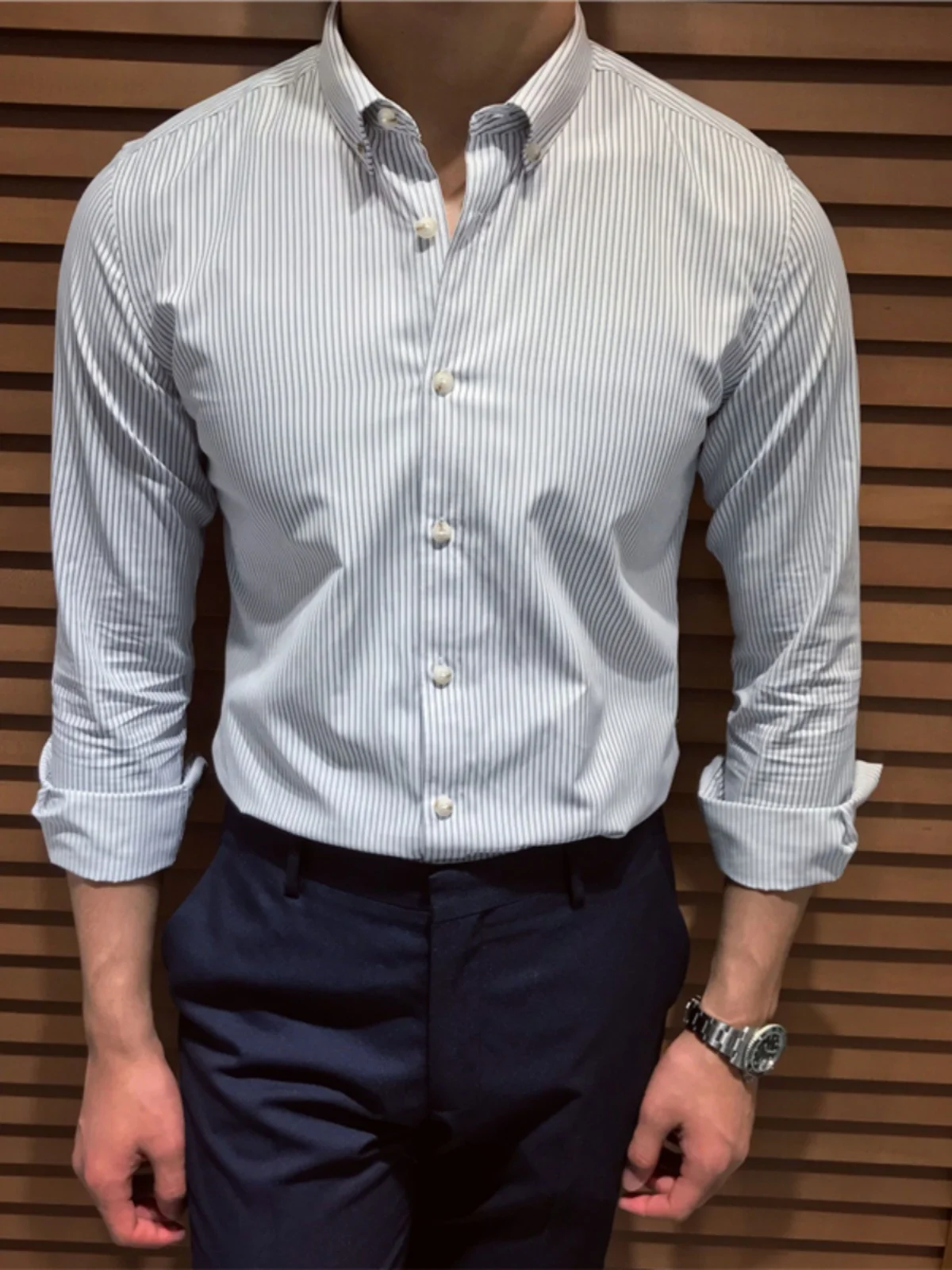 

Мужская футболка Mr Deer в стиле Slim Fit, длинный рукав, в полоску, повседневная, деловая, в британском ретро-стиле, корейско-японская, трендовая, мужская одежда