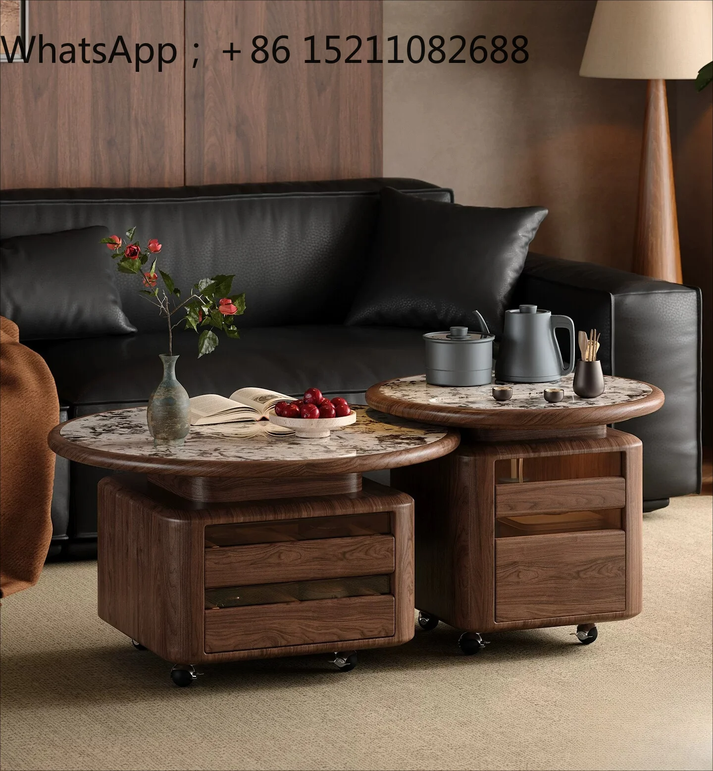 LLY movable lifting coffee table size round combination household antique solid wood small tea table
