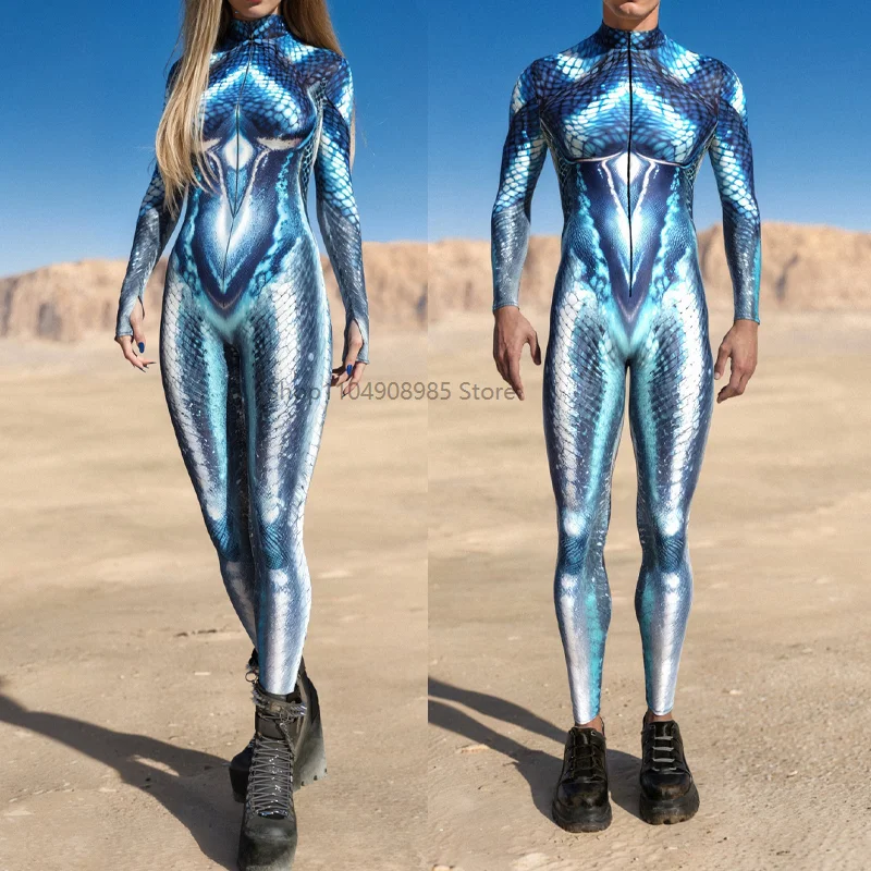 

Halloween Women Blue 3d Digital Printed Fish Scale Cosplay Bodysuit Holiday Party Stage Role Playing Costume Steampunk Bodysuit