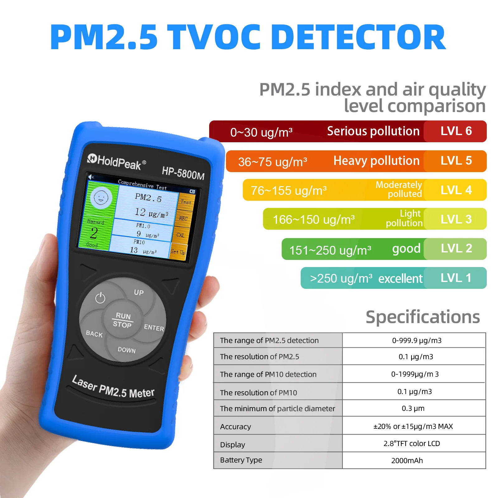 HP-5800M (Color Screen) Air Detector PM2.5 Real-Time Data Testing Air Quality Detection