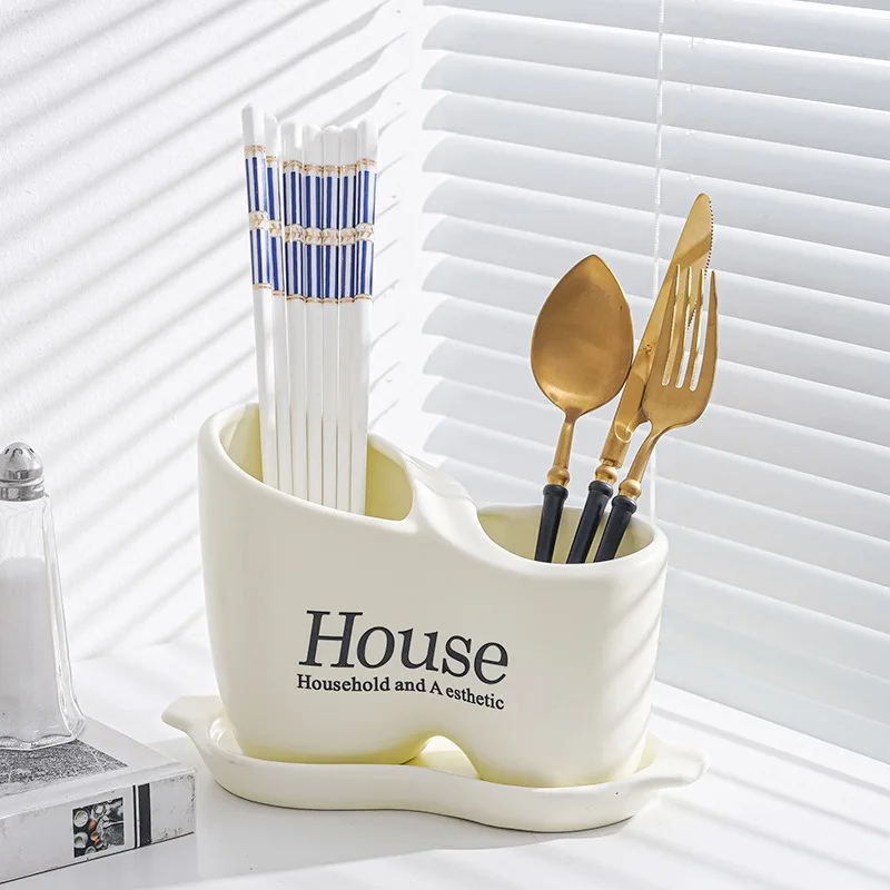 Beige Porcelain Utensils Holder,Ceramic Cutlery Storage Oraganizer,Kitchen Flatware Forks Knife Spoon Container,Gadgets Jars