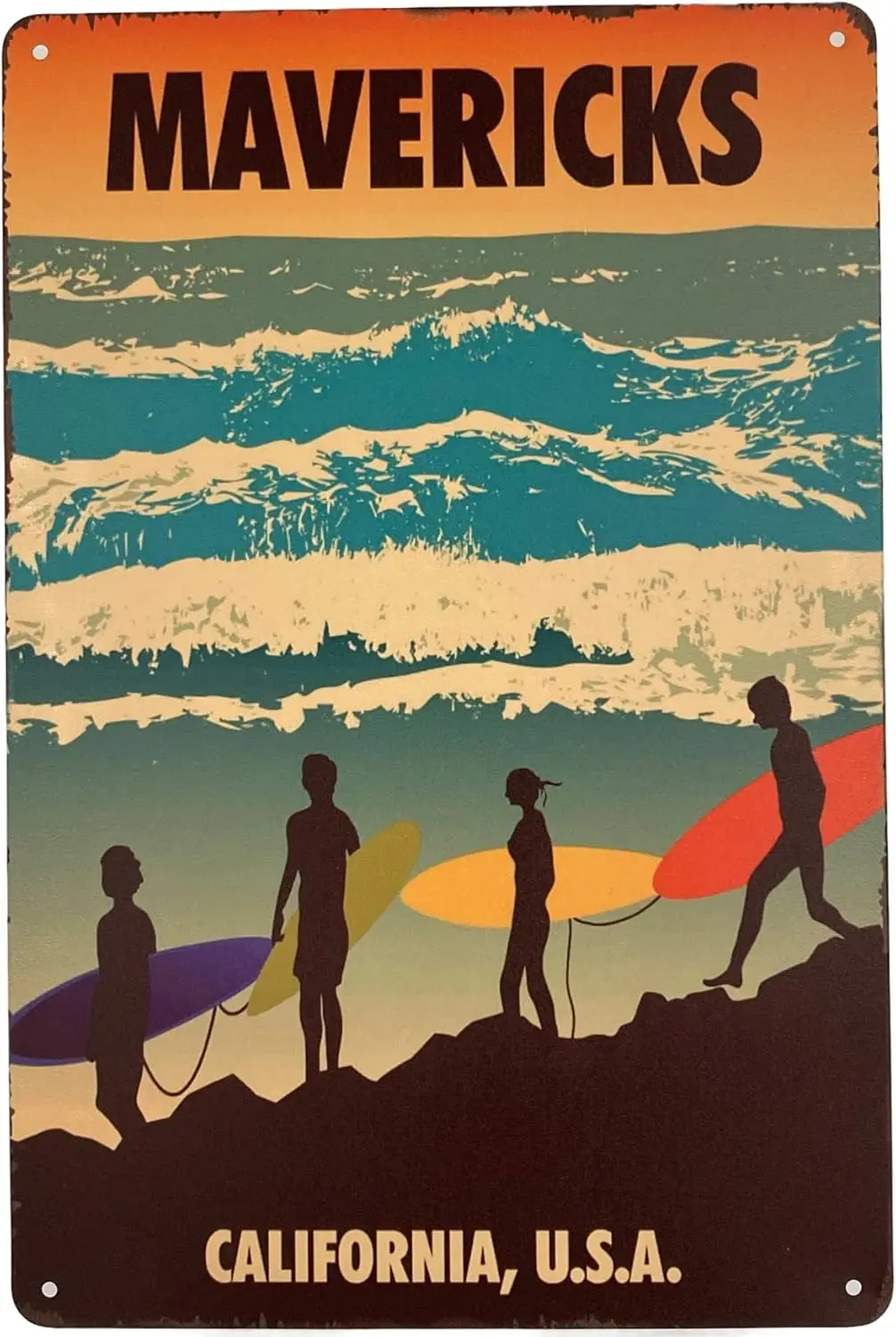 Tin Sign | Metal Wall Poster | Surfers at Mavericks California USA 8 x 12 in. | Decoration Art Plaque for Business Home Bar sign