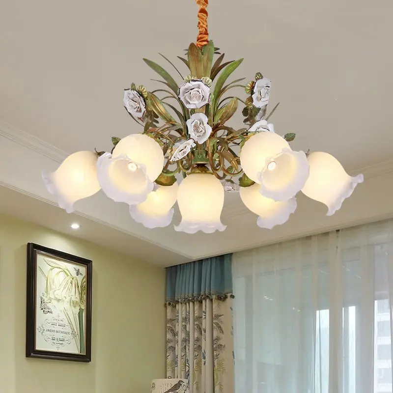 Floral Pendant Lamp French Living Room Children's Room Ceramic Flowers Lights Warm American Retro Fresh Ceramic Pendant Lamps