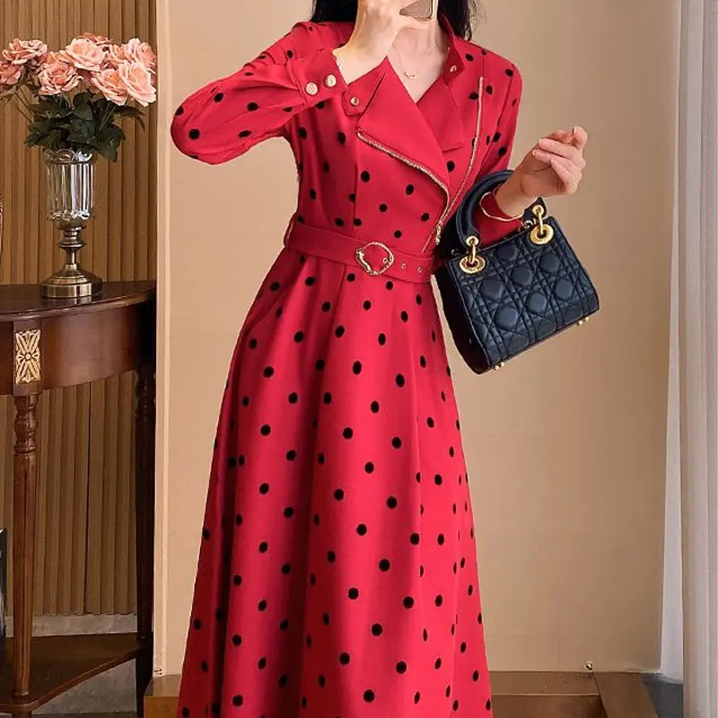 Office Lady Elegant Tailored Collar Dresses Polka Dot Spring Autumn Women\'s Clothing A-Line Sashes Chic Asymmetrical Long Dress