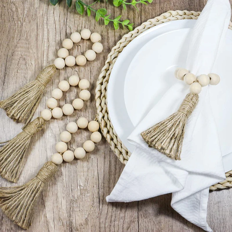 Newest Natural Wood Beads Table Art Napkin Rings Setting with Jute Tassels Designed Serving Dinner Cloth Holders Wedding Party