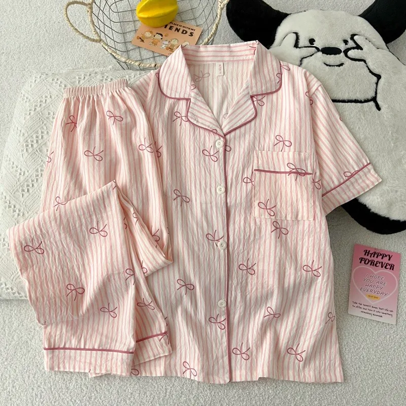 Pink Strip Bow Dtie Design Women's Pajamas Short Sleeve Top & Elastic Waist Pants Pajamas Set Harajuku Style Casual New HomeWear