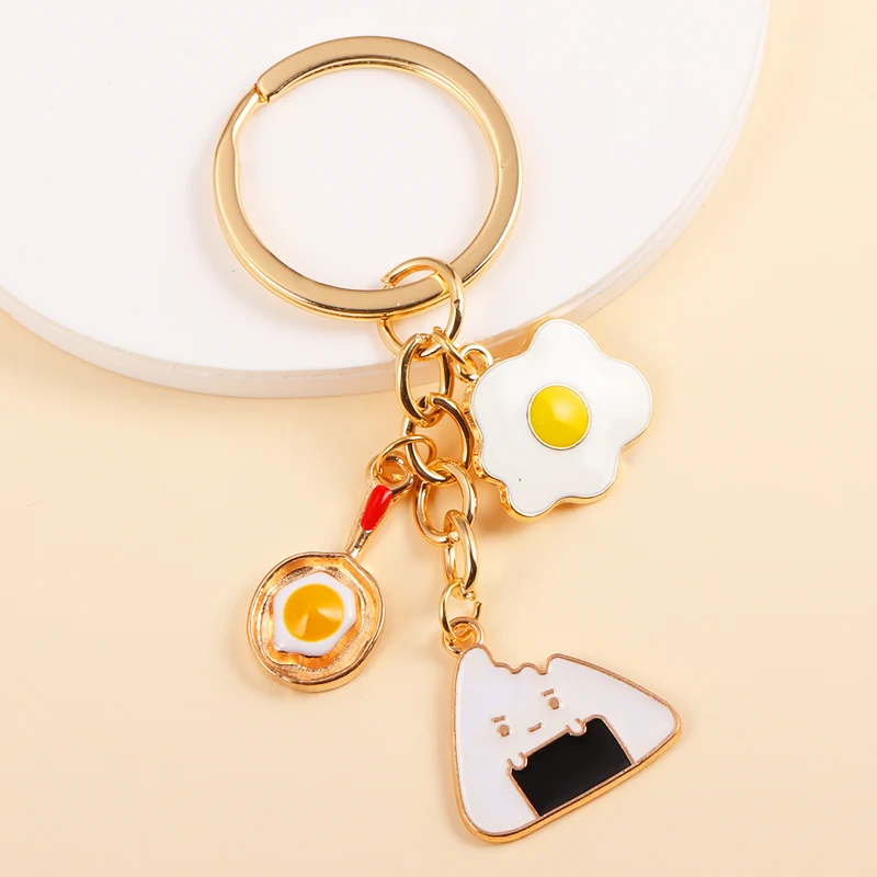 Cute Enamel Fried Eggs Rice Zongzi Snack Charms Keychain Lovely Cartoon Food Key Holder For Women Men Bags Car Key DIY Decor