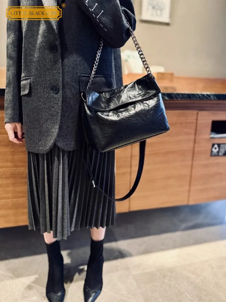 Fashion Womens British Style Versatile Chain Cowhide Genuine Leather Crossbody Bags Flap Satchels Female Designer Underarm Bag