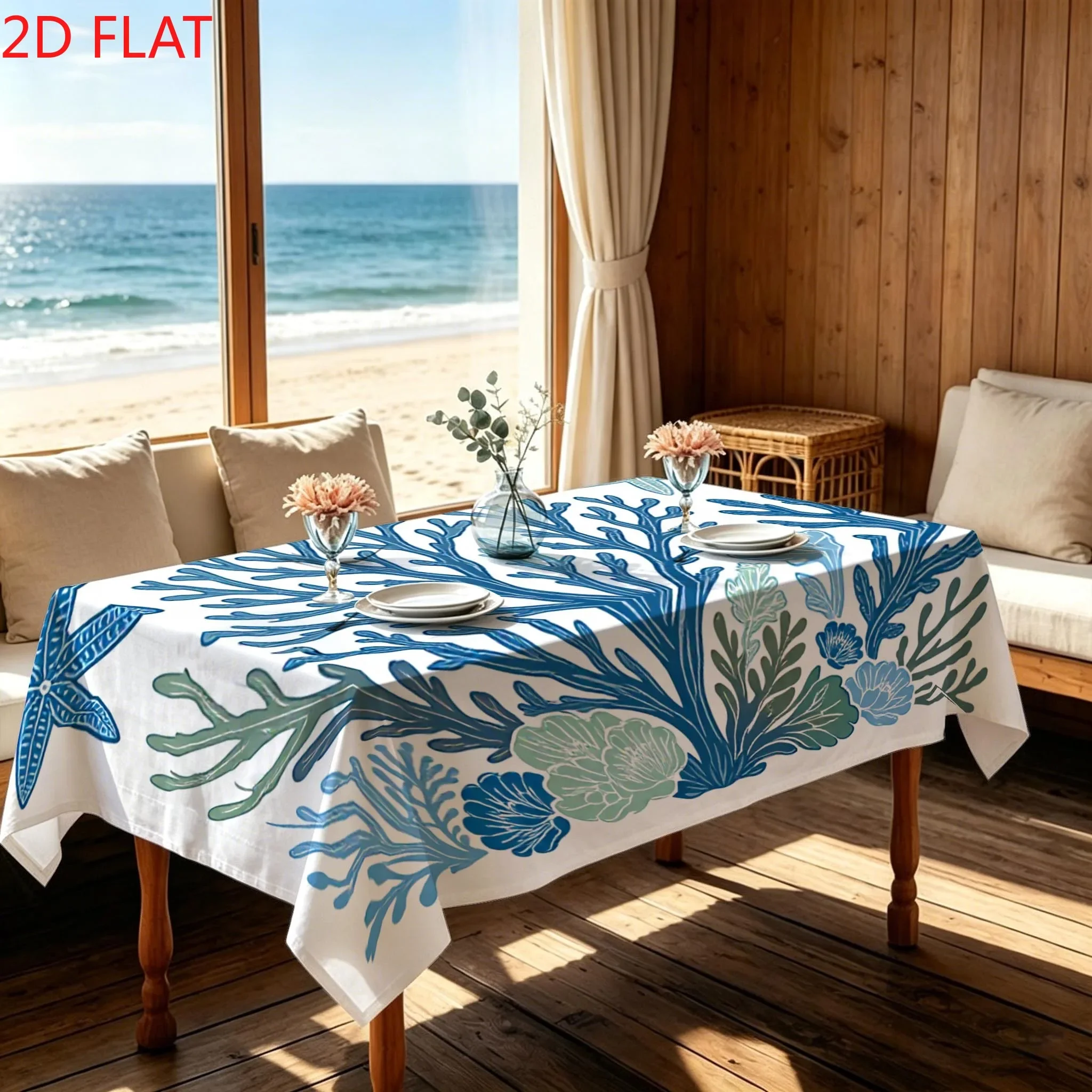 1 PC 2D FLAT 1-piece set tablecloth. 2D plane nautical style coral sea star pattern tablecloth. yzb