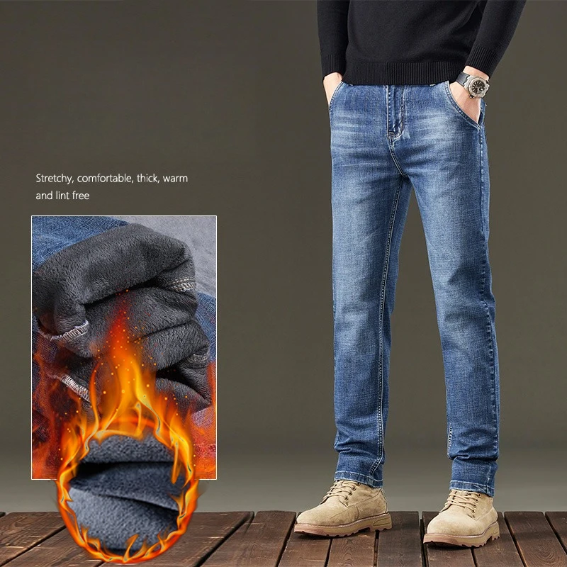 Fashionable Trendy Men's Winter Plush Fleece Thick Jeans Straight Washed Cotton Elastic Warm Denim Pants Casual Daily Trousers