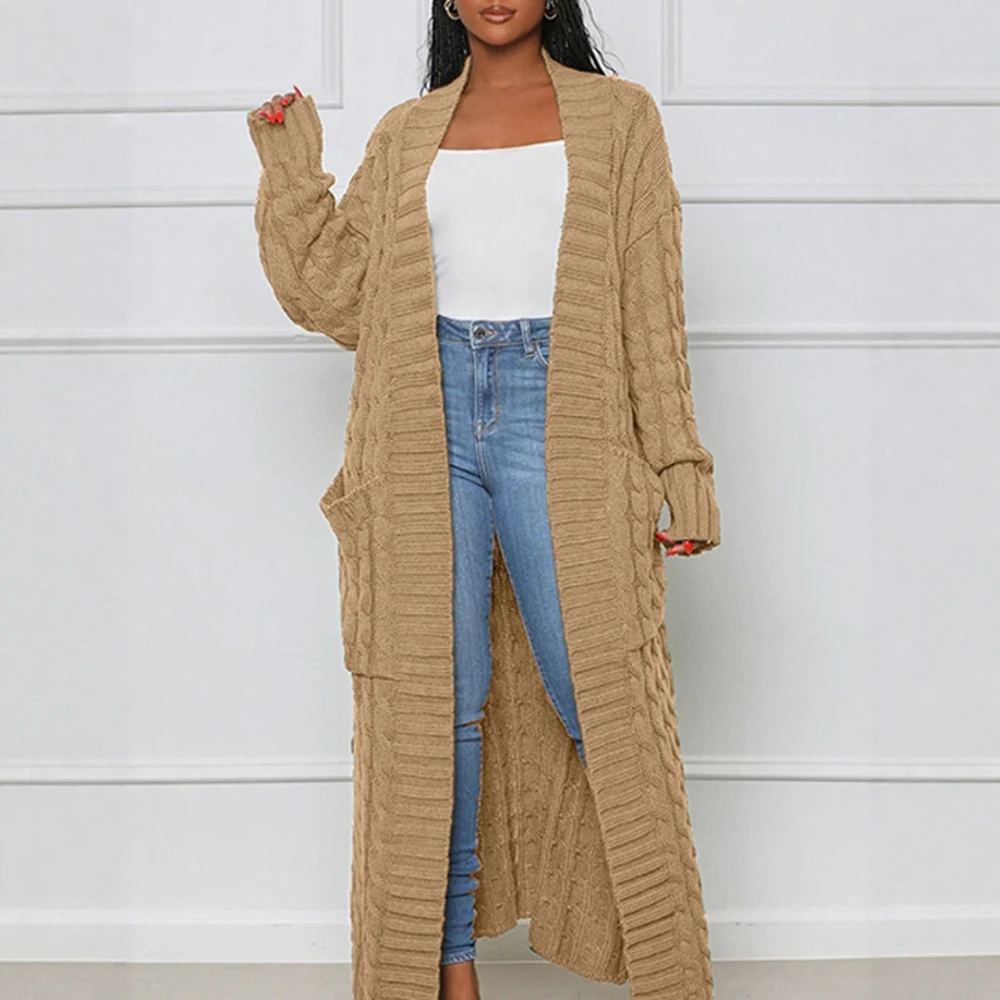 سترة طويلة المرأة سترة الخريف محبوك الشتاء الكروشيه فضفاضة طويلة الأكمام الربيع سترة دافئة البلوز السببية بالأزرار