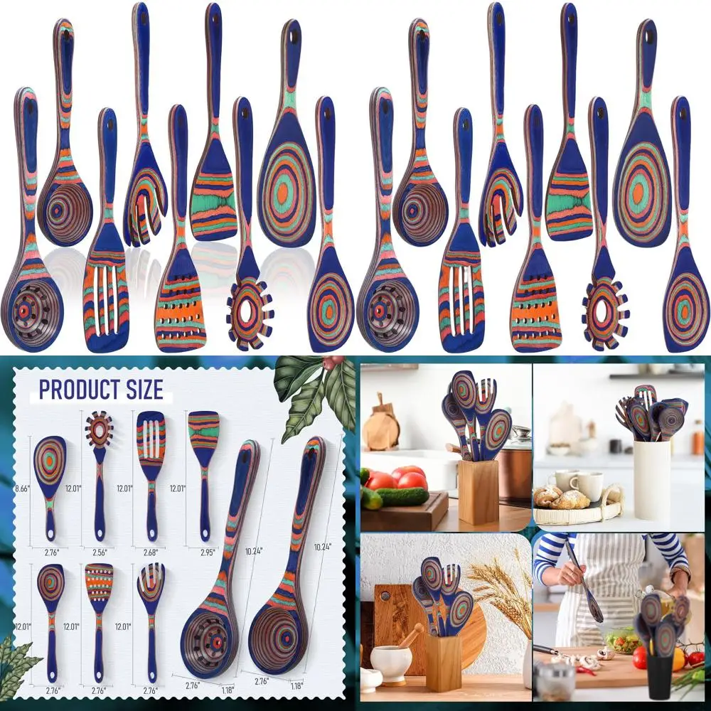 

Blue Pakkawood Kitchen Utensil Set: 9-Piece Wooden Cooking Tools with Long Handles for Non-Stick Use