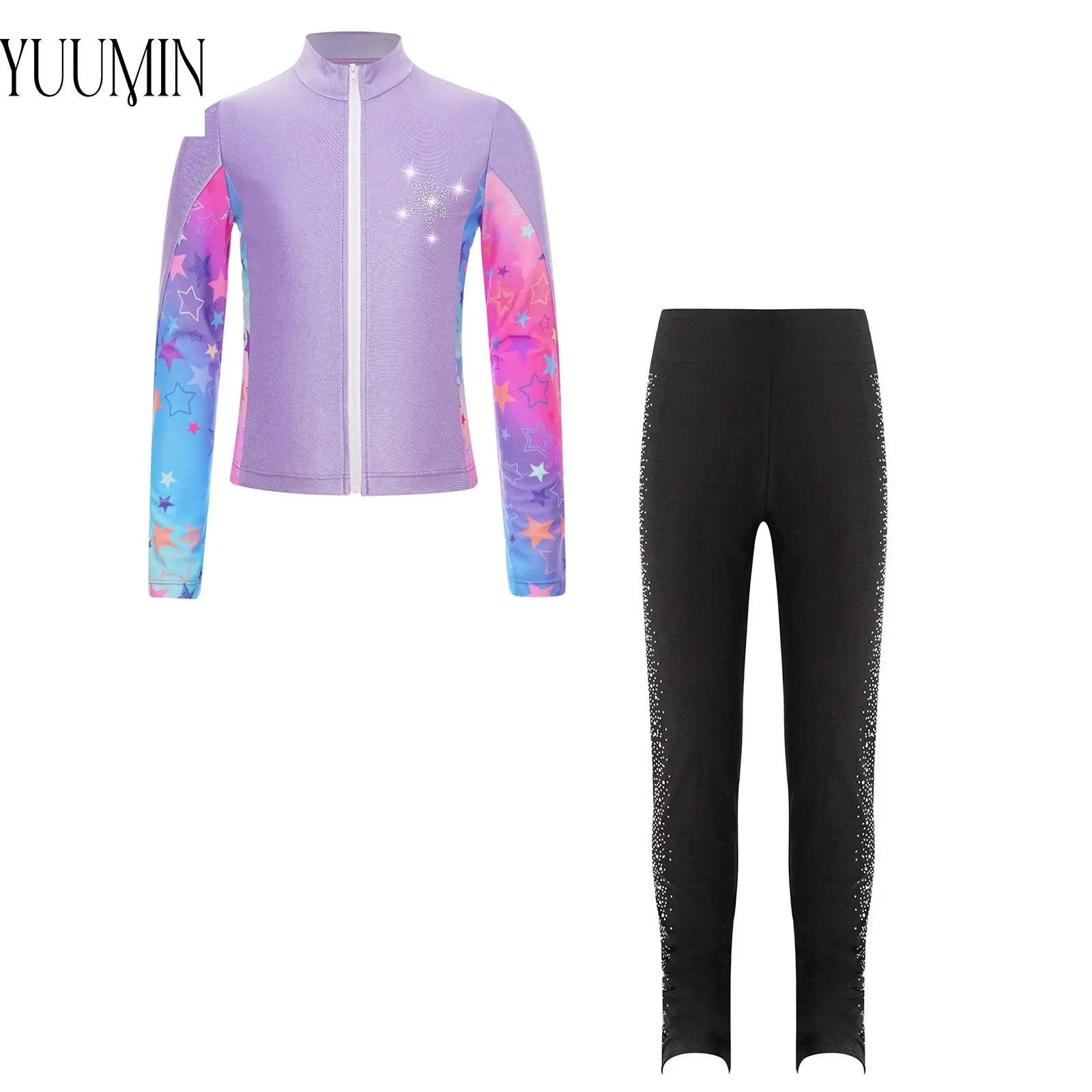 Conjunto deportivo para niñas, chaqueta de copo de nieve de manga larga + Leggings con diamantes de imitación brillantes para entrenamiento, patinaje, entrenamiento, gimnasia, 2 uds.