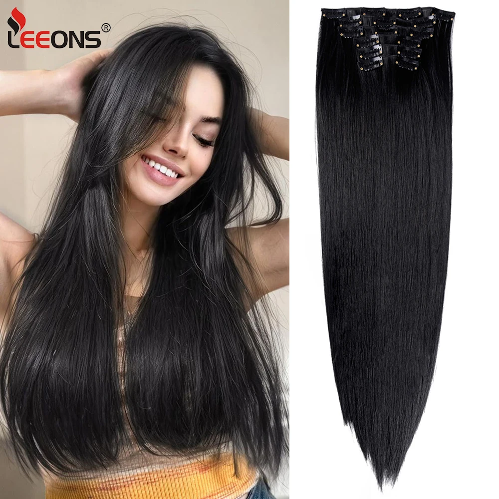 

Leeons Synthetic 16 Clips 6Pcs/Set Clip In Black Hair Extensions Thick Hairpieces Long Straight Fiber Women'S Girl Daily Party
