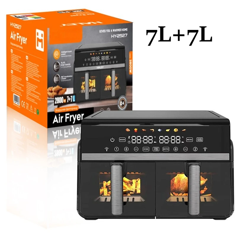 14L Large Capacity Dual Basket Visual Air Fryer Touch Screen Smart Electric Airfryer Household Double Pot Oil Free Cooker