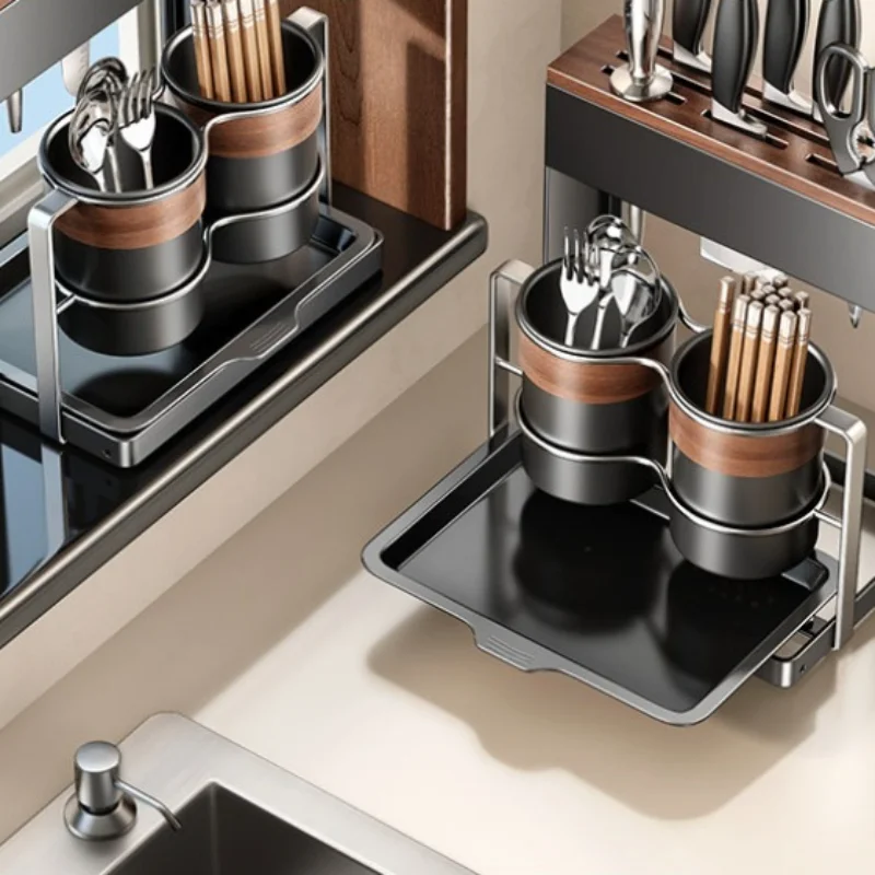 Walnut Wood Knife Block Organizer for Countertop, Solid Wood Knife Storage Rack with Chopstick Holder & Drainage Tray for Home view 4