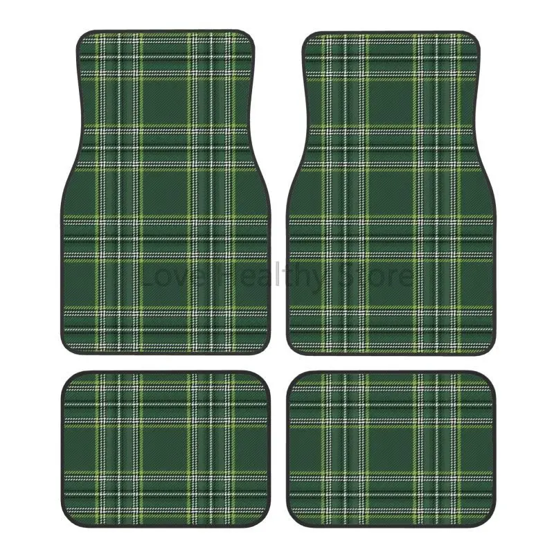 Classic Green Tartan Plaid Car Floor Mats Non-Slip Carpets Rugs Front & Rear Car Foot Mats Set of 4 Pcs Auto Accessories Decor