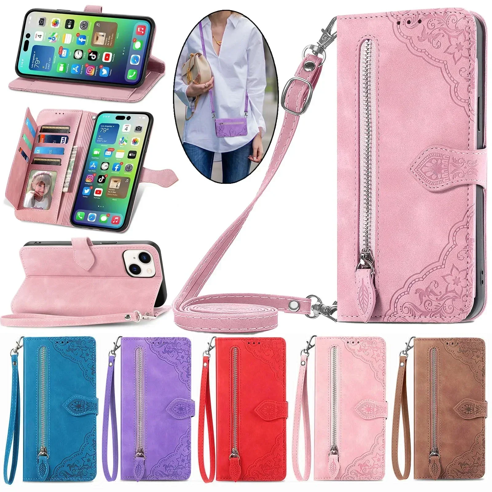 حافظة جلدية بسحاب لهاتف OPPO Find X6 X8 Pro Reno 12 12F 13 Pro 7 7A 8 Lite A40 A40M A60 A80 A18 A38 A79 غطاء هاتف