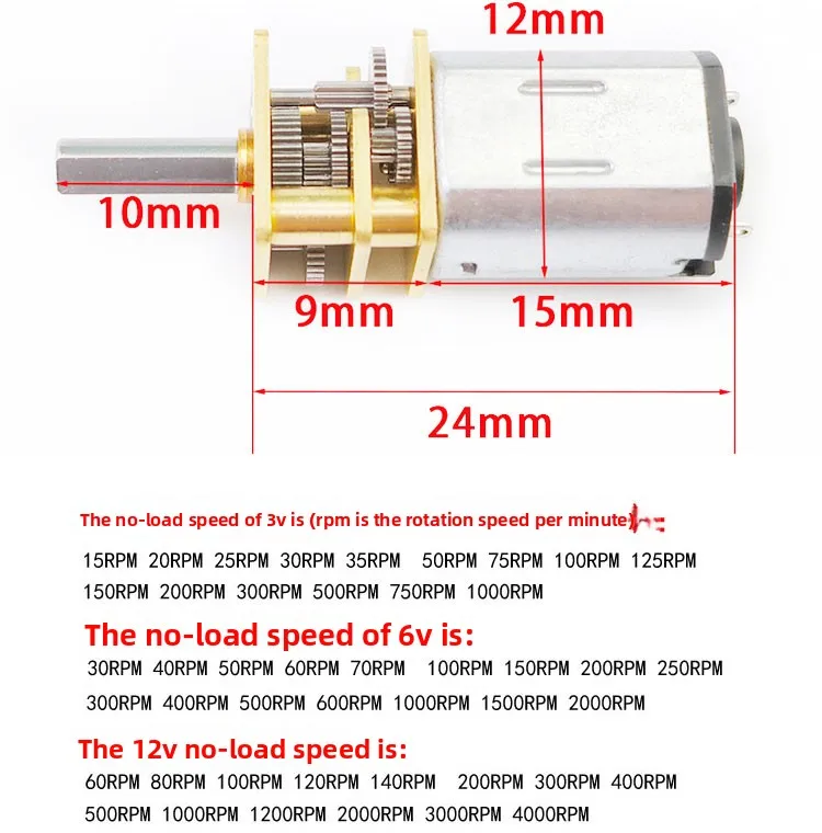 GA12-N20 DC Geared Motor 3V 6V 12V - Micro Small Motor High Torque Low Speed with 15T Plastic Gear for Smart Trolley/Robot