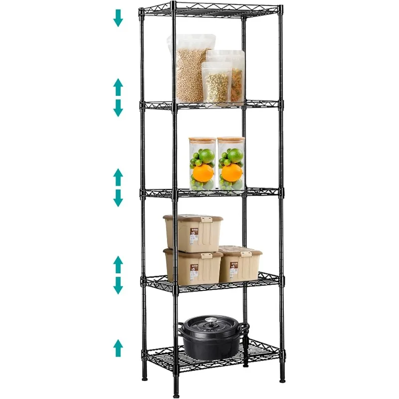 

5 Tier Wire Shelf, Adjustable 5 Tier Metal Storage Shelves, Black Wire Shelving Unit for Kitchen, Pantry, Laundry, B