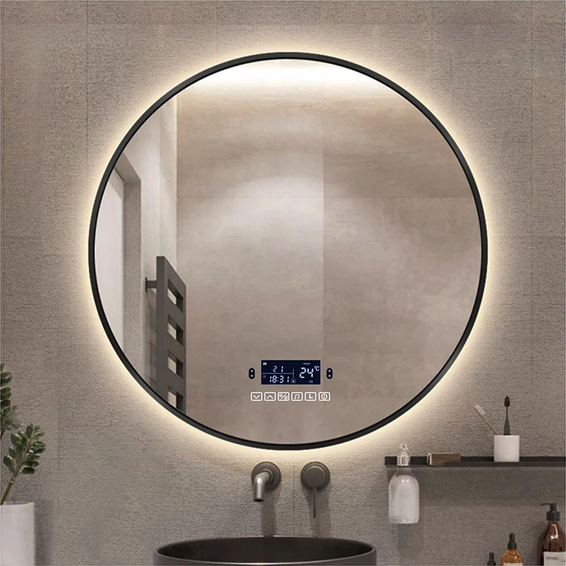 Round Black Frame LED Smart Bathroom Makeup Mirror With Bluetooth Body Induction Defogging 3 Color Light Cosmetic mirror