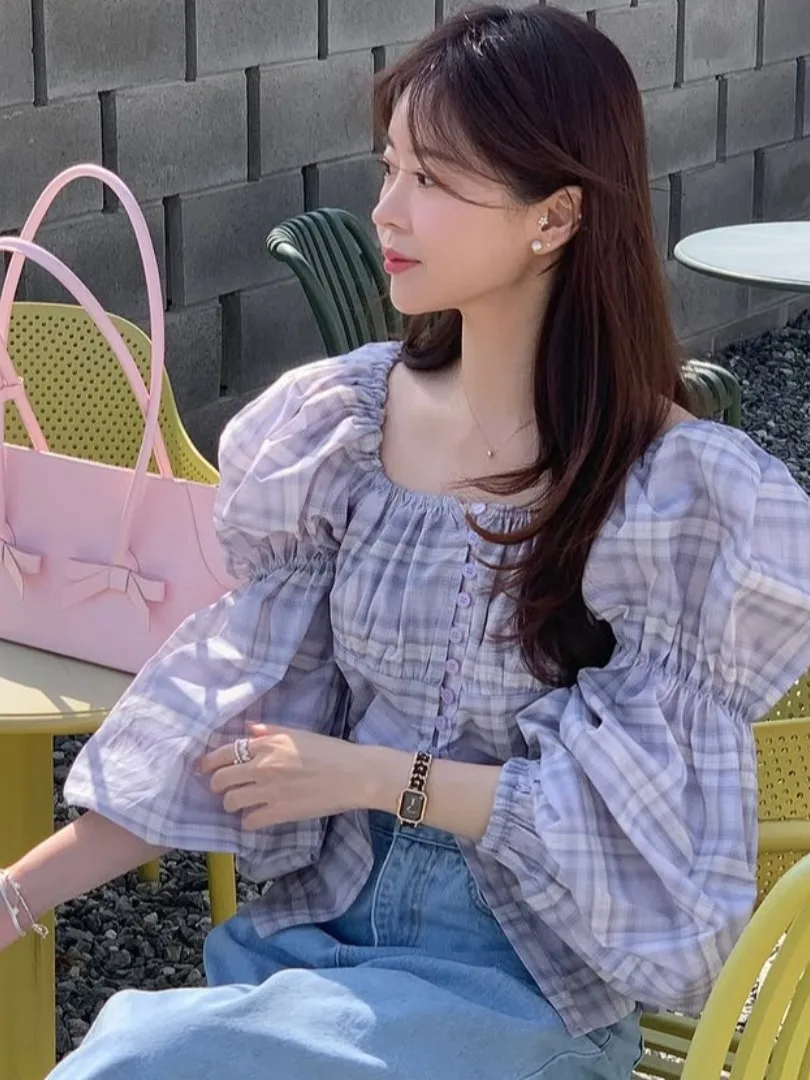 

Spring Season Plaid Bubble Sve irt Women's Faionable Agel Square Collar Versatile Split Opening All-Match Top