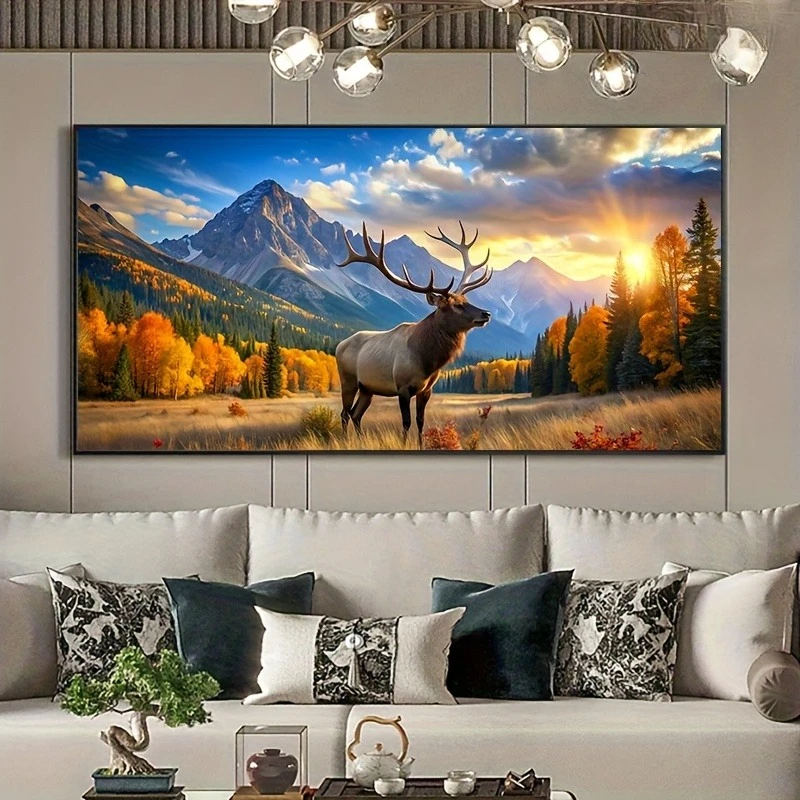 Large-sized frameless canvas paintings,Deer in Autumn Forest with Mountain Sunset Poster Prints Animal Art Canvas Painting Wall