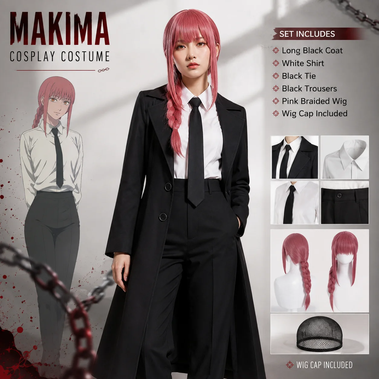 Makima Chainsaw Man Devil Hunter Cosplay Full Set Costume Outfit Women Anime Halloween Cos Convention Party Outfit