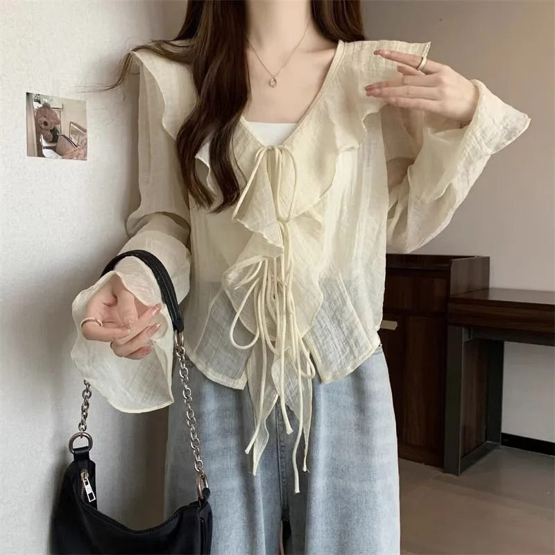 Lucyever Hemd für Damen, lässig, locker, gerüschte Kanten, gespleißte Bluse, weiblich, 2025, Frühling, Sommer, Schnürung, V-Ausschnitt, Sonnenschutz-Shirts