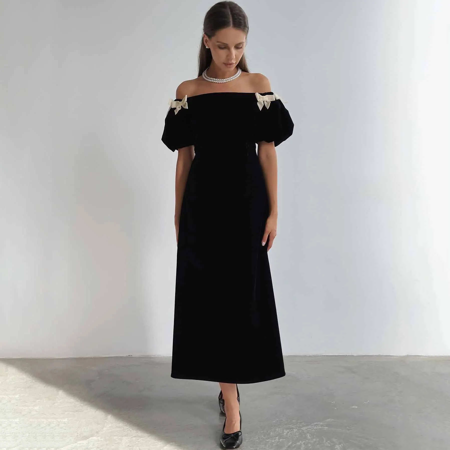 OEING Off Shoulder Korea Garden Evening Dress Short Bow Sleeves Formal 프롬드레스 Ankle Length Elegant Prom Growns Party Women Bride