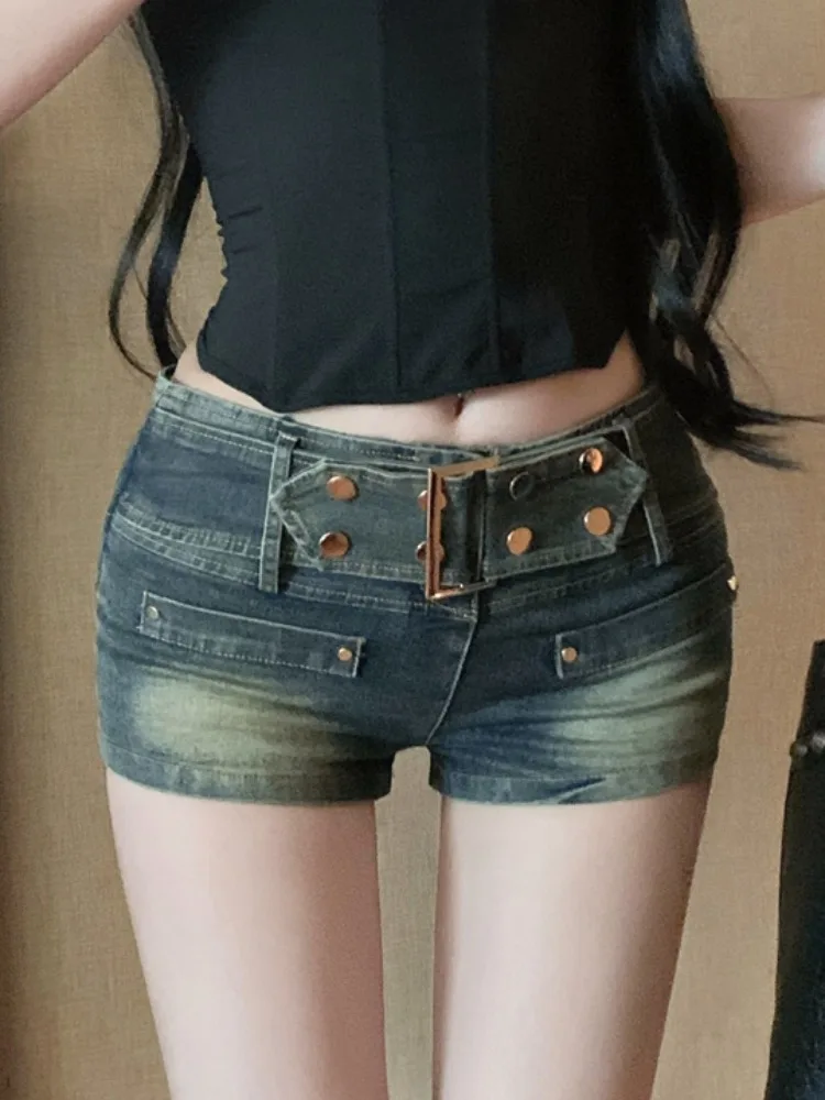 

Sexy Low Waist Slimming Hot Shorts for Women Summer New Design Heavy Belt Double Buckle Washed Denim Shorts Blue Slim Fit