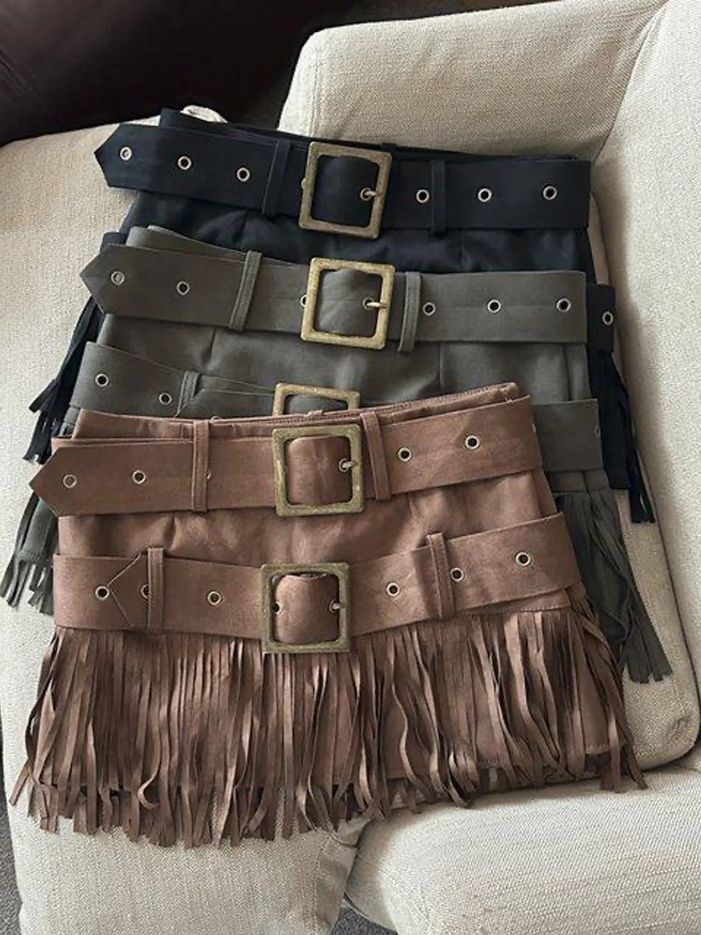 American Style Worn-In Suede  Skirt Women's New Autumn Double Belt Fringe Street Fashion Bodycon Skirt High Waist PU Leather