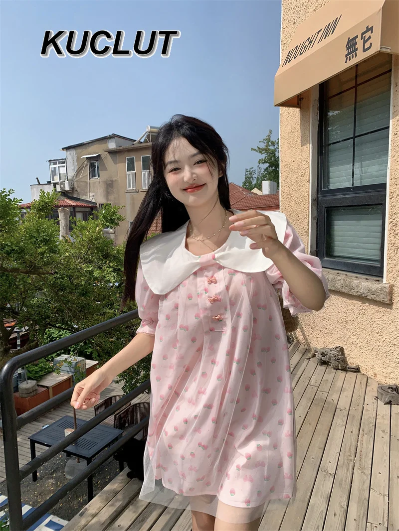 

Girl Cute Doll Collar Casual Elegant Dresses for Women Double-layer Mesh Floral Bubble Sleeve Short-sleeved Dress Summer
