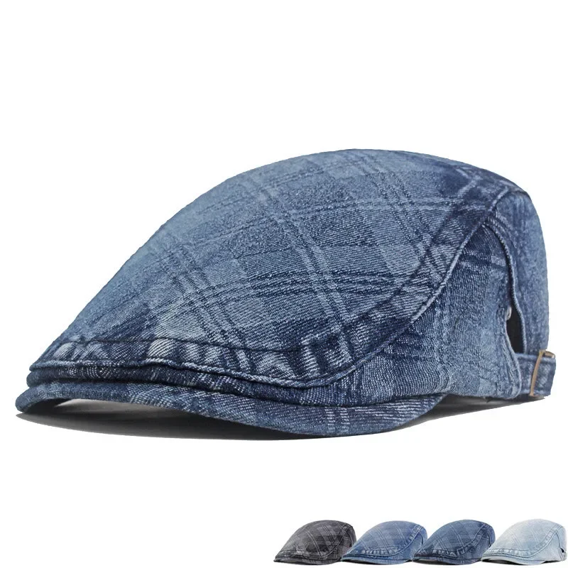 Four Seasons Denim Geometric Print Newsboy Caps Flat Peaked Cap Men and Women Painter Beret Hats 170