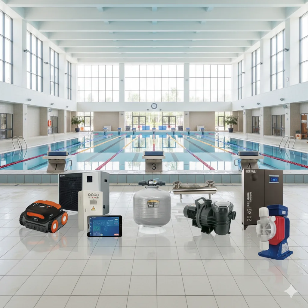 Smart Management Pool Supplies Full Kit with Robotic Cleaner and Inverter Heat Pump for Indoor Swimming Pool School Pools