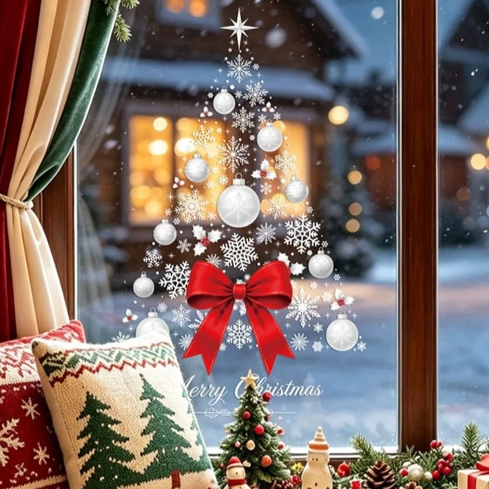Static Cling Christmas Tree Window Decals Red Bow PVC Snowflake Window Sticker Reusable Festive Sticker Store Decor