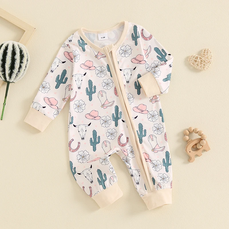 2024-05-20 Lioraitiin Baby Girls Autumn Casual Jumpsuit Long Sleeve Cattle Head/Cow/Cactus Print Oblique Zipper Romper