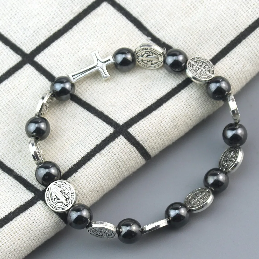 Modisches Katholisches Rosenkranz-Armband St. Benedikt Medaille Kreuz Gebetsarmband Hämatit-Perlen Religiöser Schmuck Accessoires – Detail 8