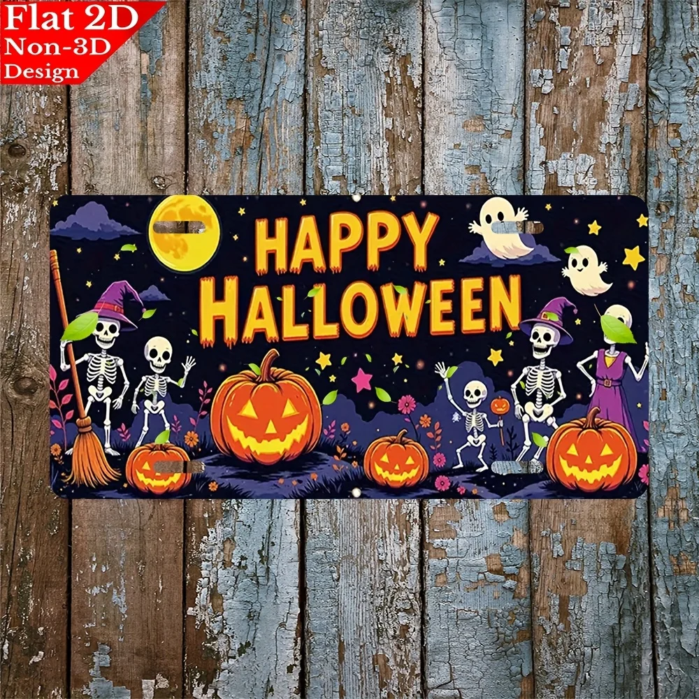 2D Flat - [Open ]2D Flat, 2D Plane - Plane 2D License Plate, Featuring Halloween Skulls, Pumpkins And Ghosts, Measuring 15.24X30