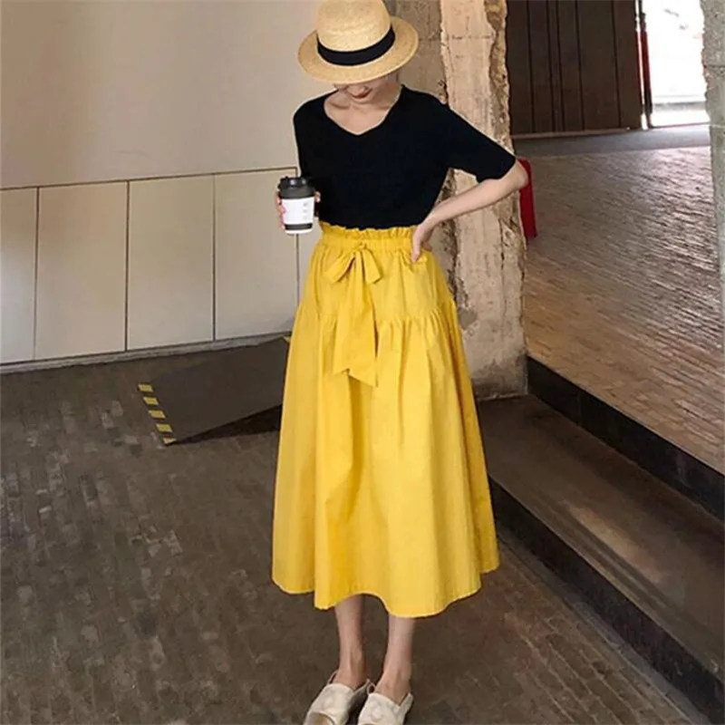 Autumn Cotton Ruffle Women' Long Skirts Summer Solid High Waist Wide Belt A-Line Maxi Skirts Bottoms 11 Colors skirts