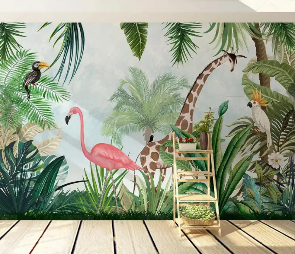 Custom wallpaper mural Creative Nordic hand-painted flower tropical rainforest plant flamingo giraffe bird painting 3d wallpaper